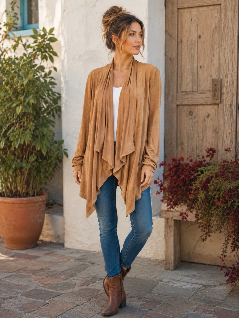 Janette Plus USA 3X Tan Faux Suede Waterfall Drape Cardigan Boho Western